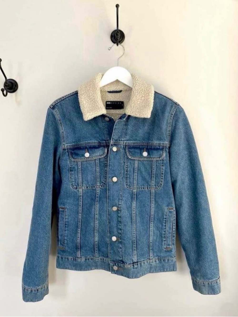 ASOS Blue Denim Western Flap Barn Jacket with Cream Sherpa Collar